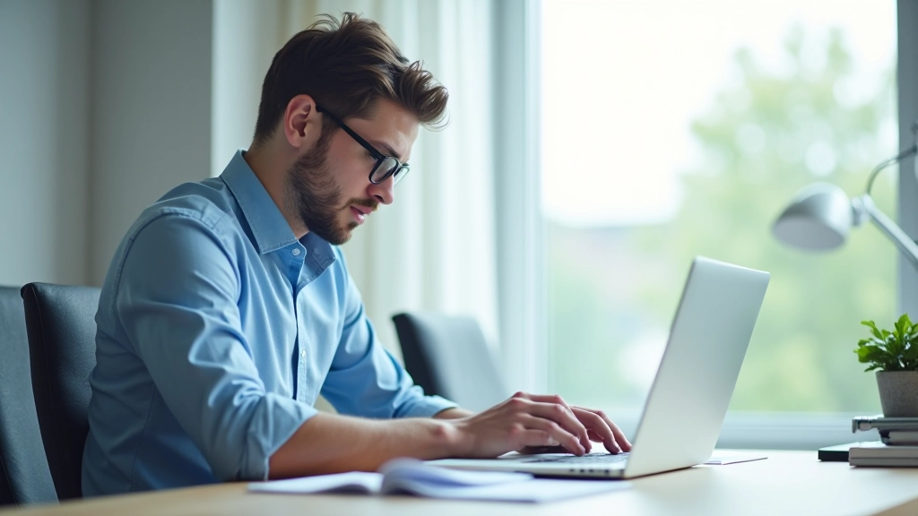 Person analyzing financial data and transaction patterns on laptop screen in organized workspace